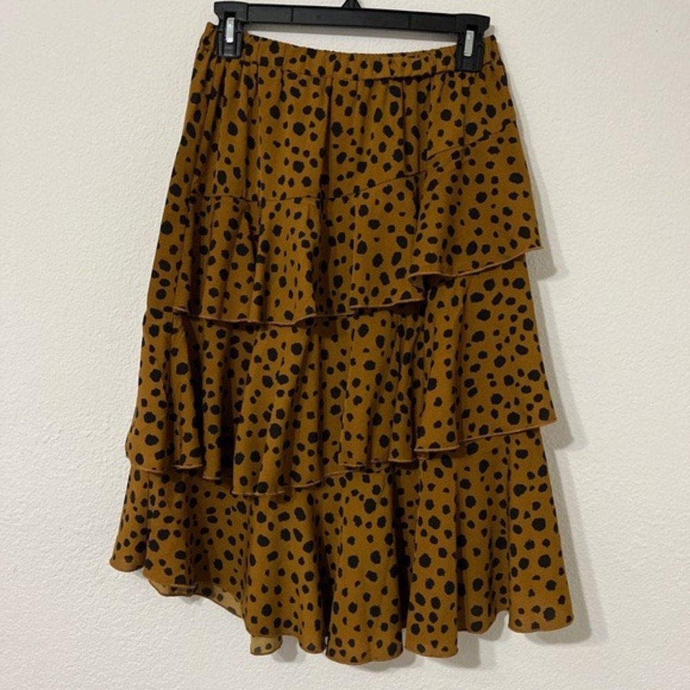Easel Los Angeles Leopard Print Ruffle‎ Skirt Size S Brown Tiered Boho Midi